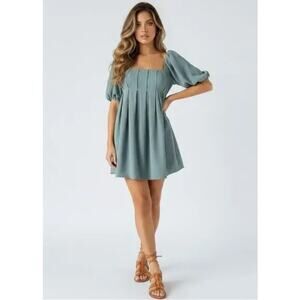 Halara Babydoll Dress Medium Square Neck Puff Sleeve Linen-Like Teal Casual Mini